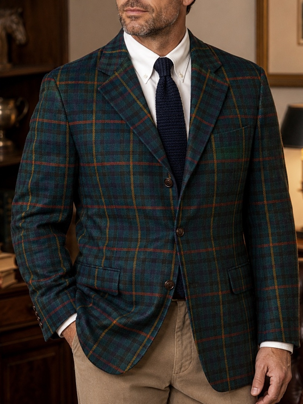 J Peterman Sport CoatMen’s green plaid tartan Wool Blend leather Button XL